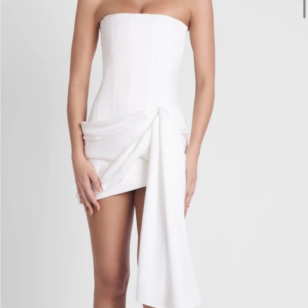 Strapless White Draped Mini Dress with Side Drape